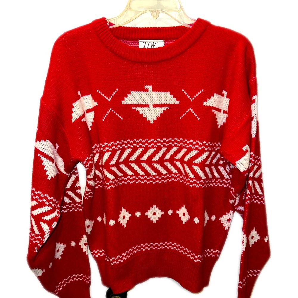 VTG Tribal Ski Sweater 1980s Mervyn’s Red Acrylic Chest 44” 90s Skiwear Acrylic